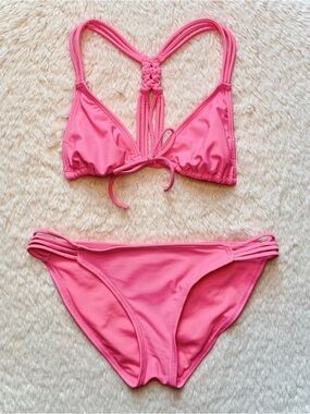 Malibu Dream Girl Hot Pink Strappy Braided Bikini 2PC Set Front Tie Bow S/M